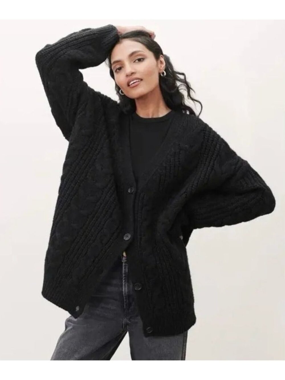 JENNI KAYNE cocoon cable knit alpaca merino wool cardigan in black size XL